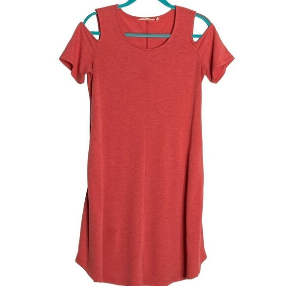 Soft Surroundings Red Pink Heathered Dress Cold‎ Shoulder Pockets Summer Sz S - Picture 1 of 7